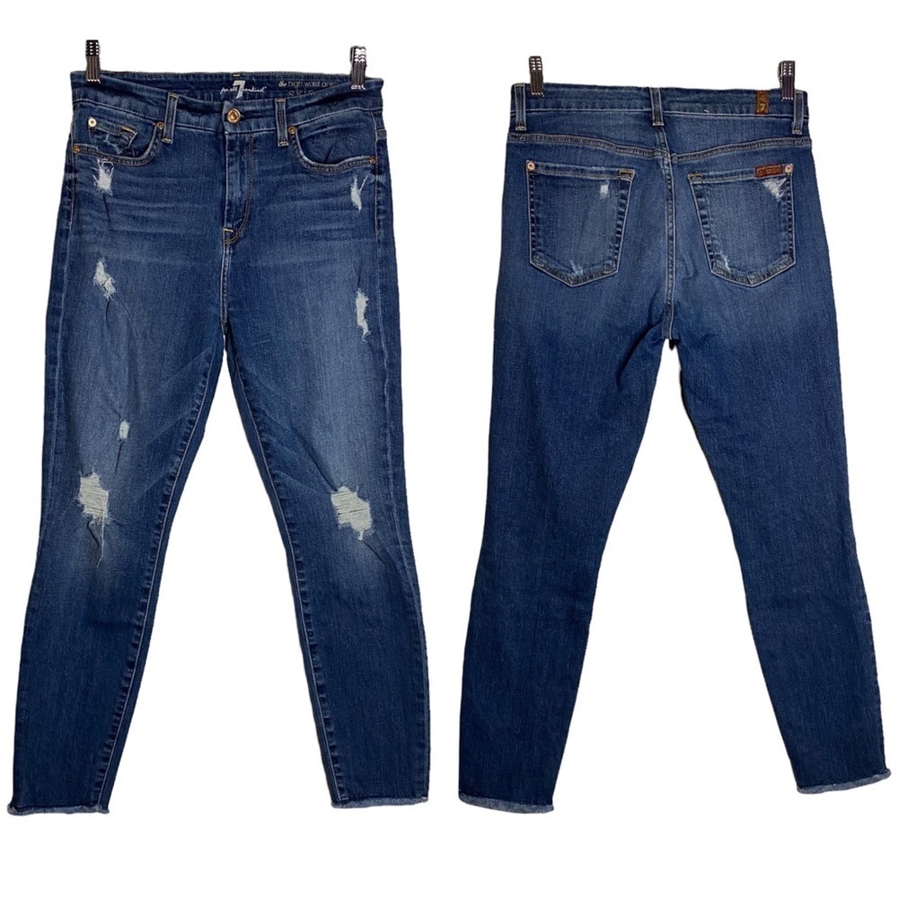7 For All Mankind The High Waist Ankle Skinny Distresssed Raw Hem Jeans 29